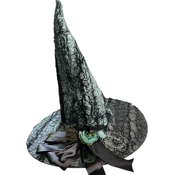 One-of-a-Kind Handmade Teal & Black Witch's Hat w/Decorative Flower & Black Bow - Picture 2 of 13